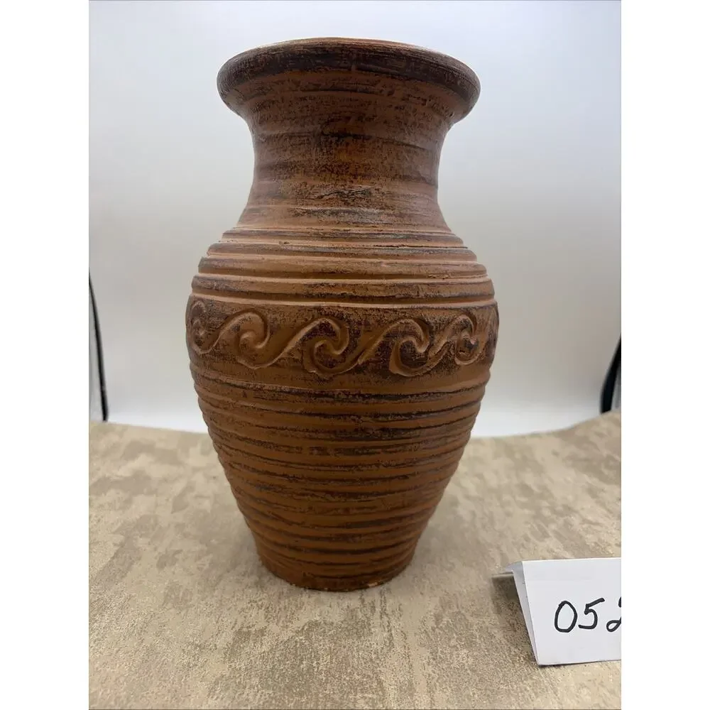 Vintage Hand Thrown Clay Vase With Wave Patterns And Rustic Brown Finish